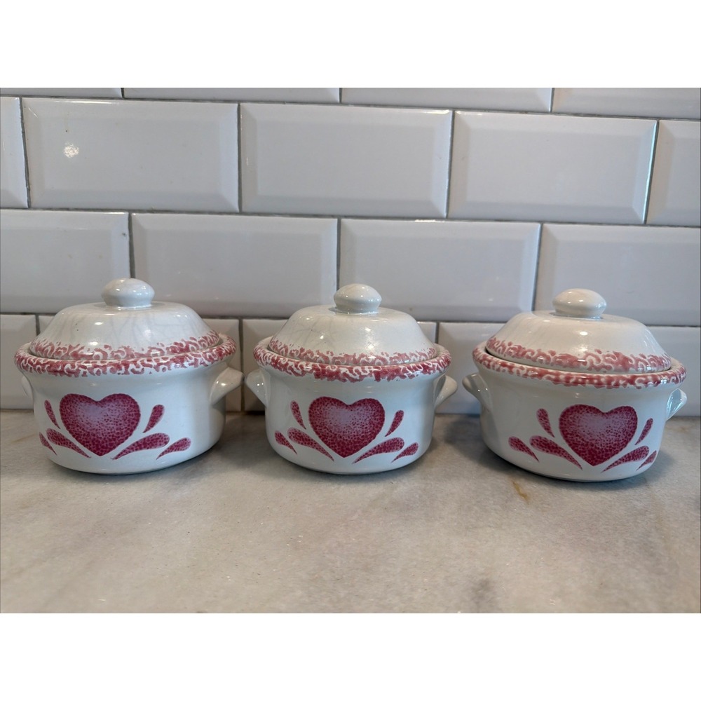 Vintage 5'' Crocks With Lids Pink Country Heart Design Set Of 3 WN0082